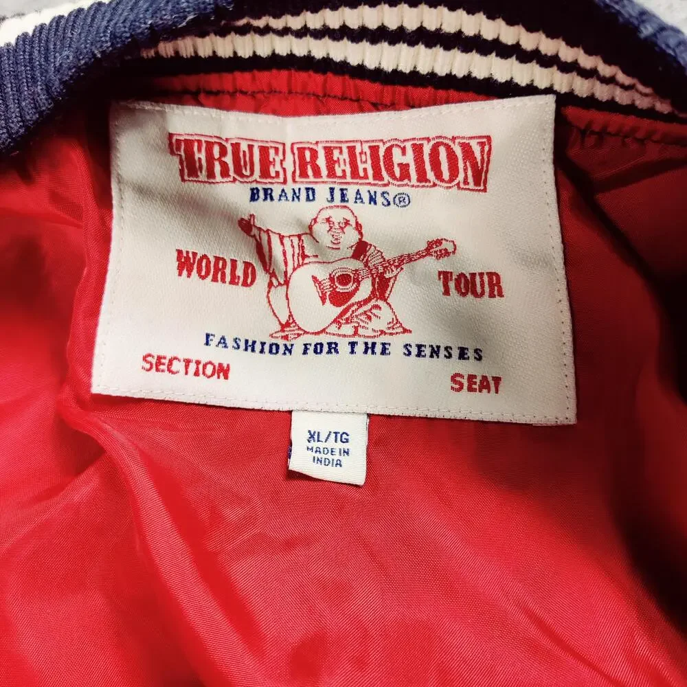 True Religion Jacket Mens XL Blue Cream Varsity Letterman Wool Blend Snap Front